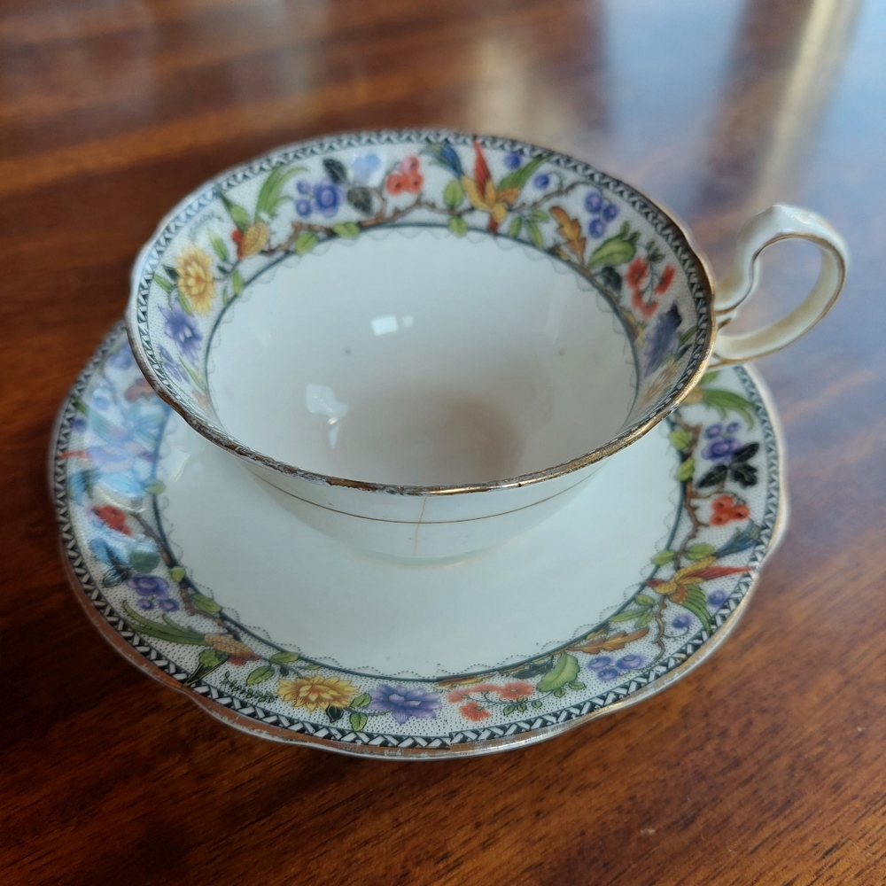 Antique Aynsley Fine China Teacup And Saucer Floral Hummingbird 1910 HAS CRACK